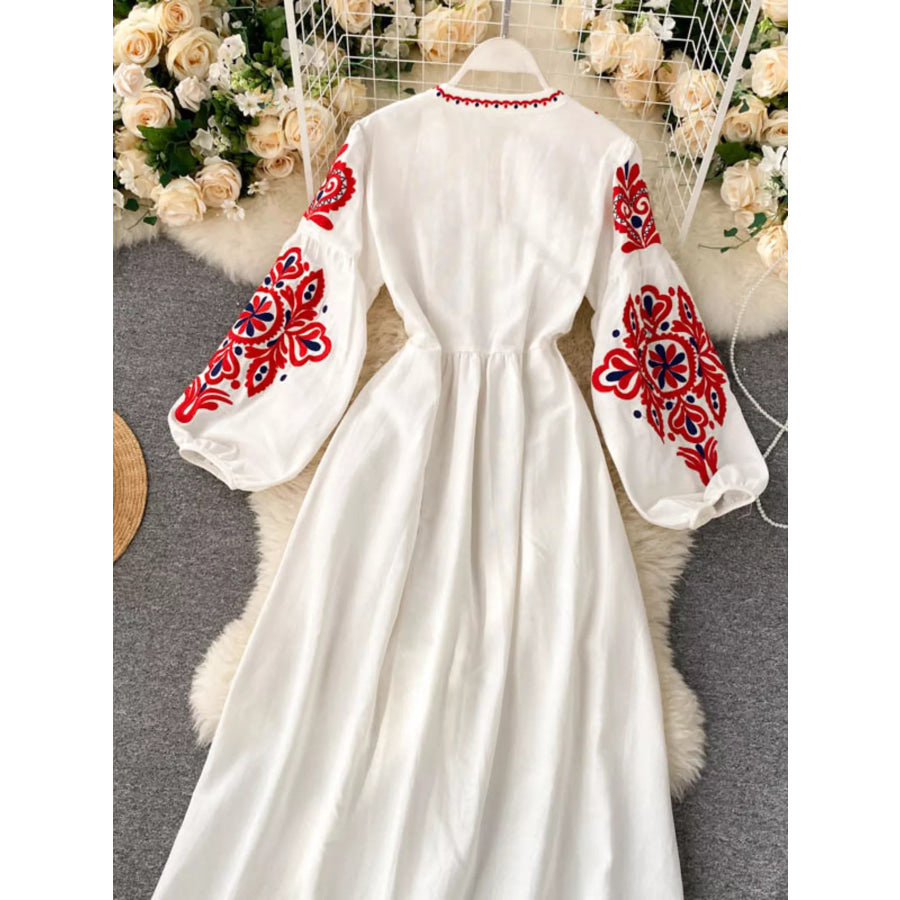 Embroidered Tie Neck Long Sleeve Dress Apparel and Accessories