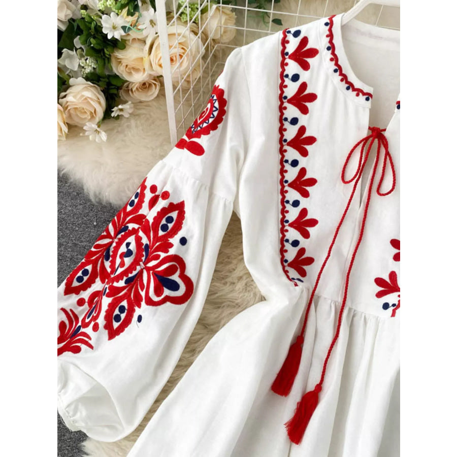 Embroidered Tie Neck Long Sleeve Dress Apparel and Accessories