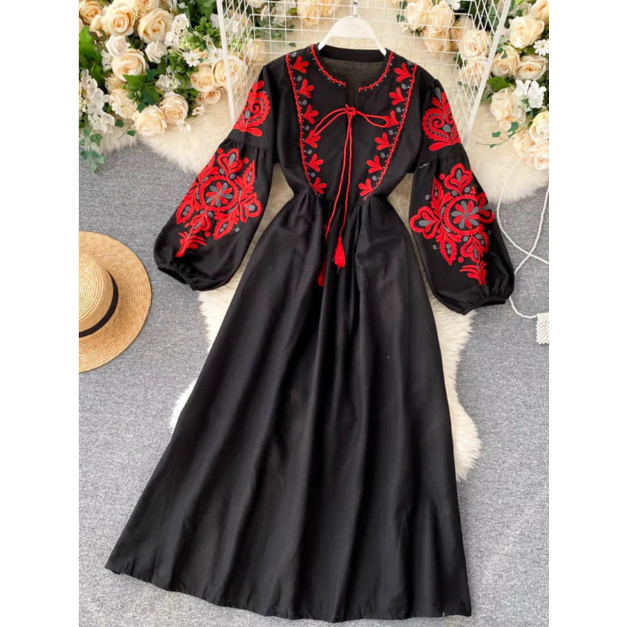 Embroidered Tie Neck Long Sleeve Dress Black / Free size Apparel and Accessories