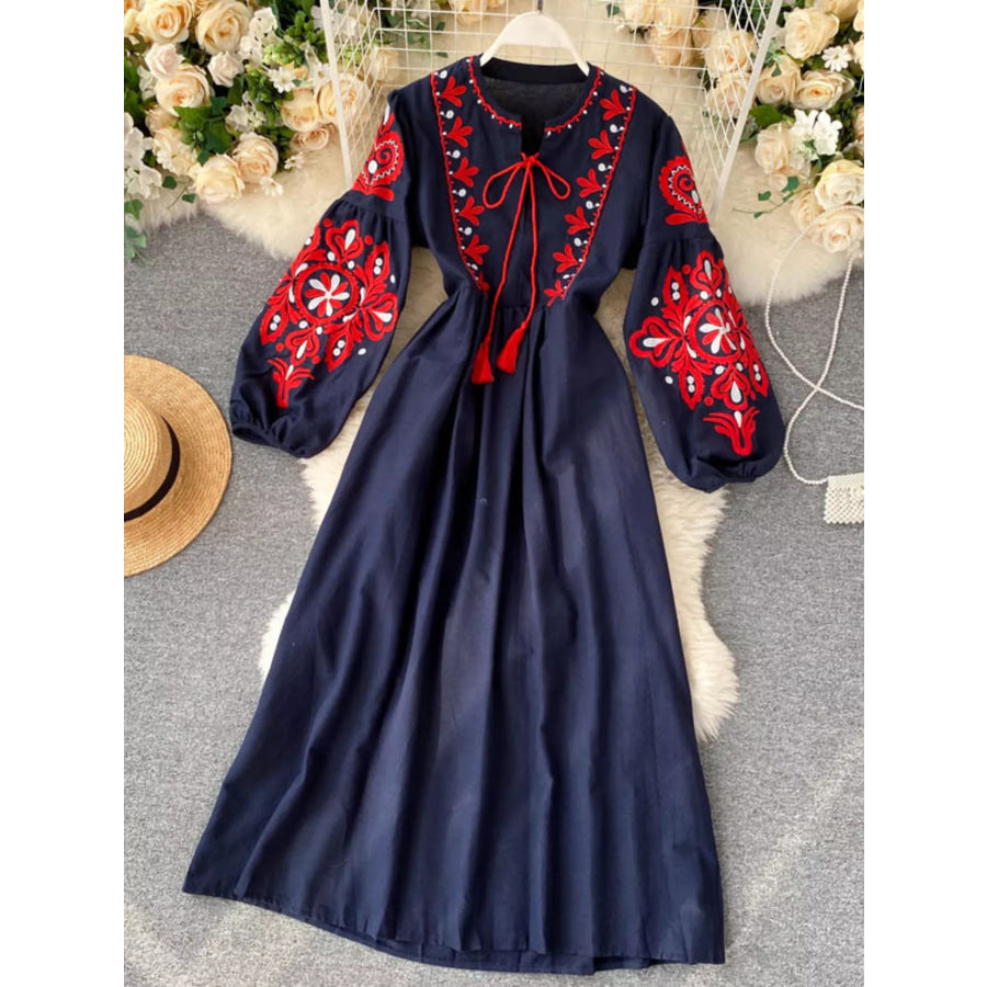 Embroidered Tie Neck Long Sleeve Dress Blue / Free size Apparel and Accessories