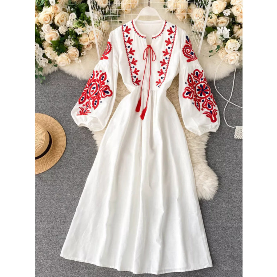 Embroidered Tie Neck Long Sleeve Dress White / Free size Apparel and Accessories