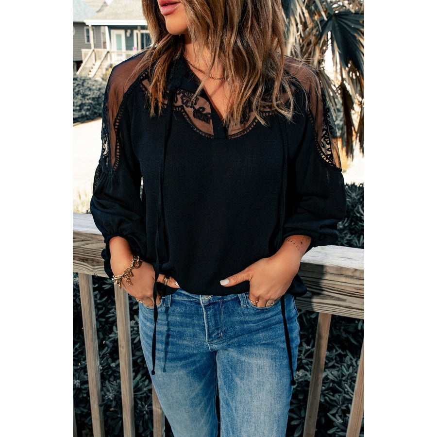 Embroidered Tie-Neck Puff Sleeve Blouse Black / S