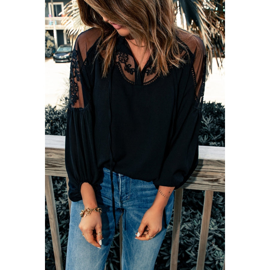 Embroidered Tie-Neck Puff Sleeve Blouse