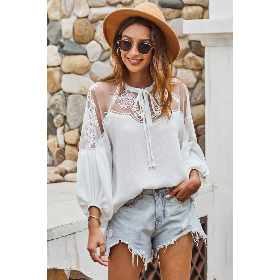 Embroidered Tie-Neck Puff Sleeve Blouse White / S