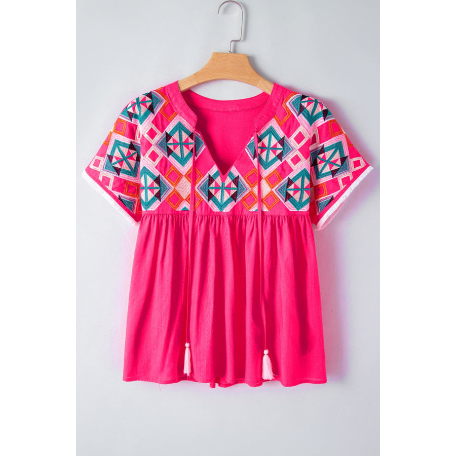 Embroidered Tie Neck Short Sleeve Blouse Apparel and Accessories