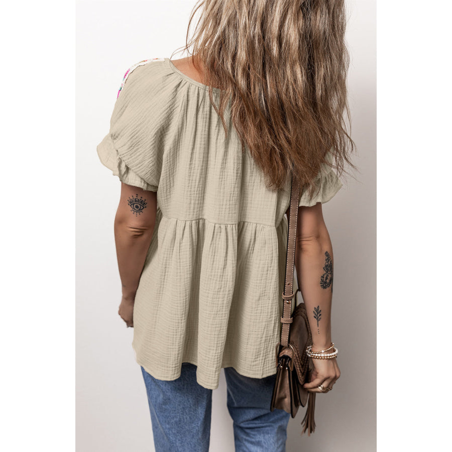 Embroidered Tie Neck Short Sleeve Blouse Apparel and Accessories