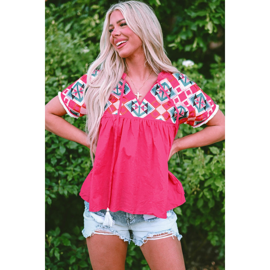 Embroidered Tie Neck Short Sleeve Blouse Apparel and Accessories