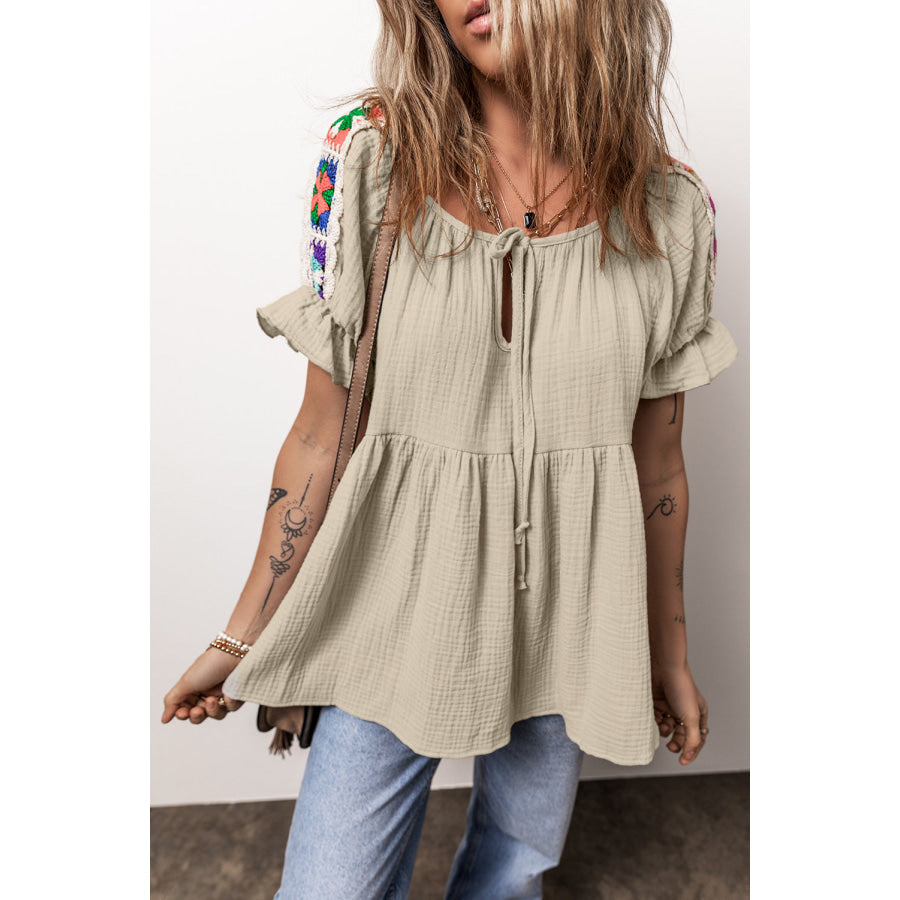 Embroidered Tie Neck Short Sleeve Blouse Dust Storm / S Apparel and Accessories