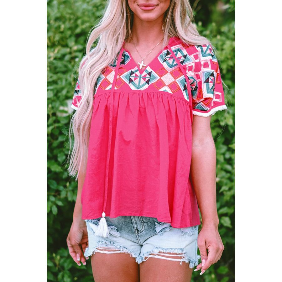 Embroidered Tie Neck Short Sleeve Blouse Hot Pink / S Apparel and Accessories