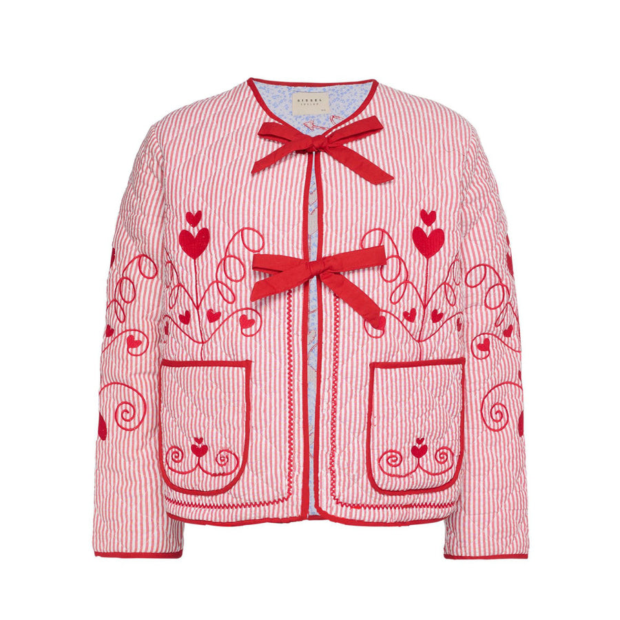 Embroidered Tied Striped Round Neck Coat Apparel and Accessories