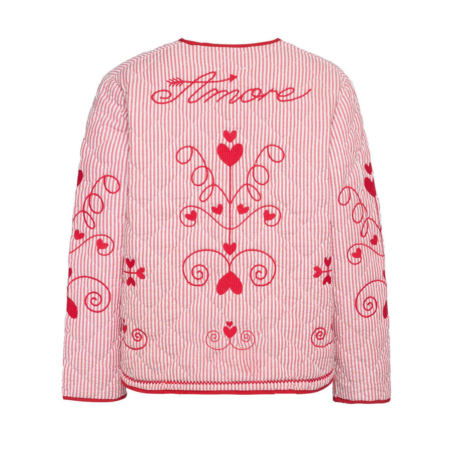 Embroidered Tied Striped Round Neck Coat Apparel and Accessories