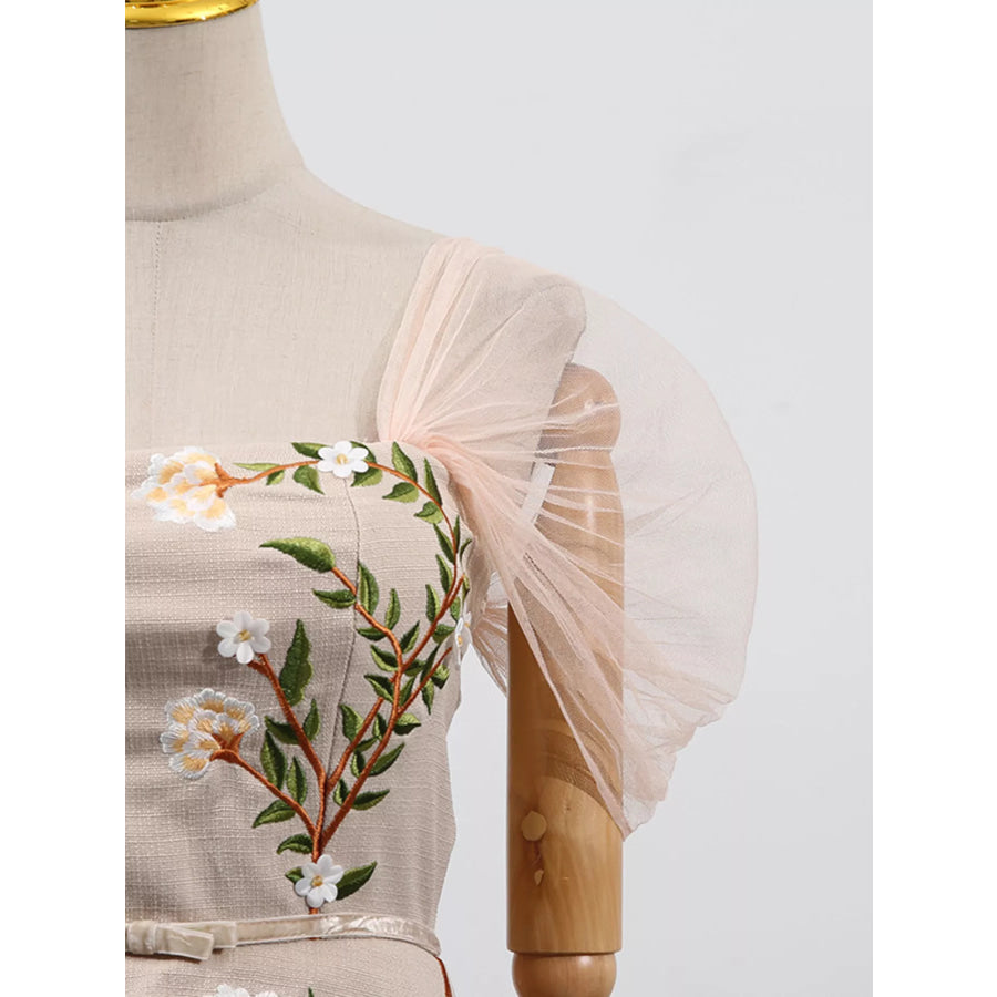 Embroidered Tulle Pleated Midi Dress Apparel and Accessories