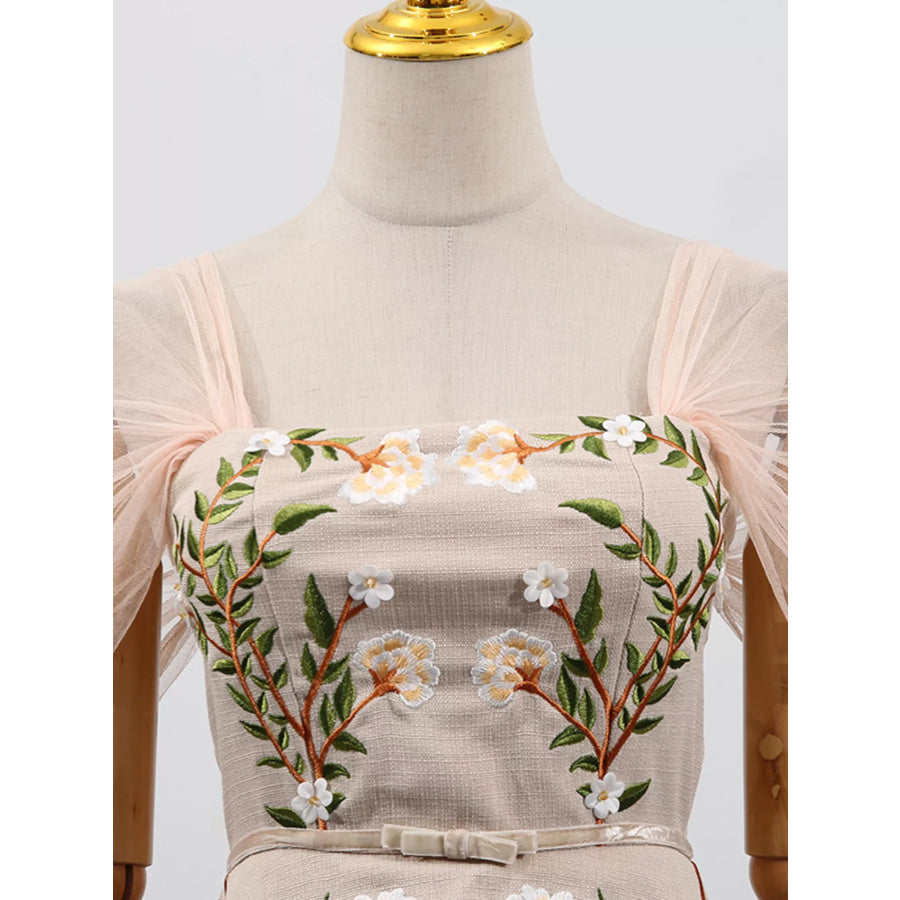 Embroidered Tulle Pleated Midi Dress Apparel and Accessories