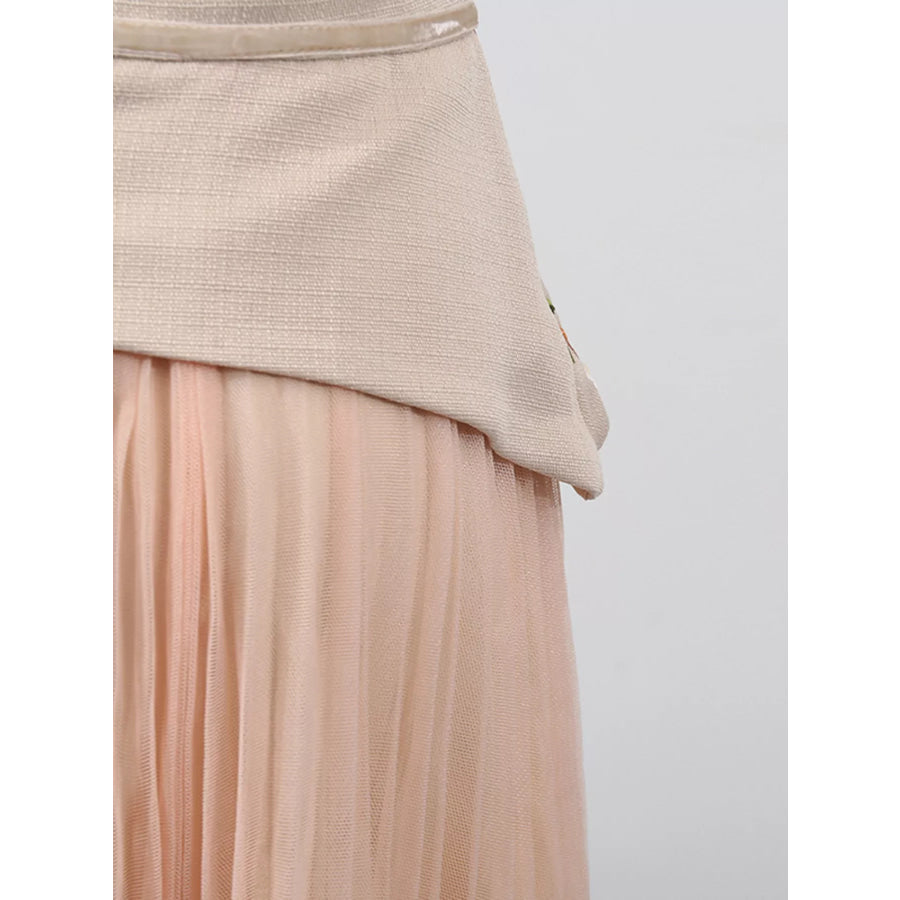 Embroidered Tulle Pleated Midi Dress Apparel and Accessories