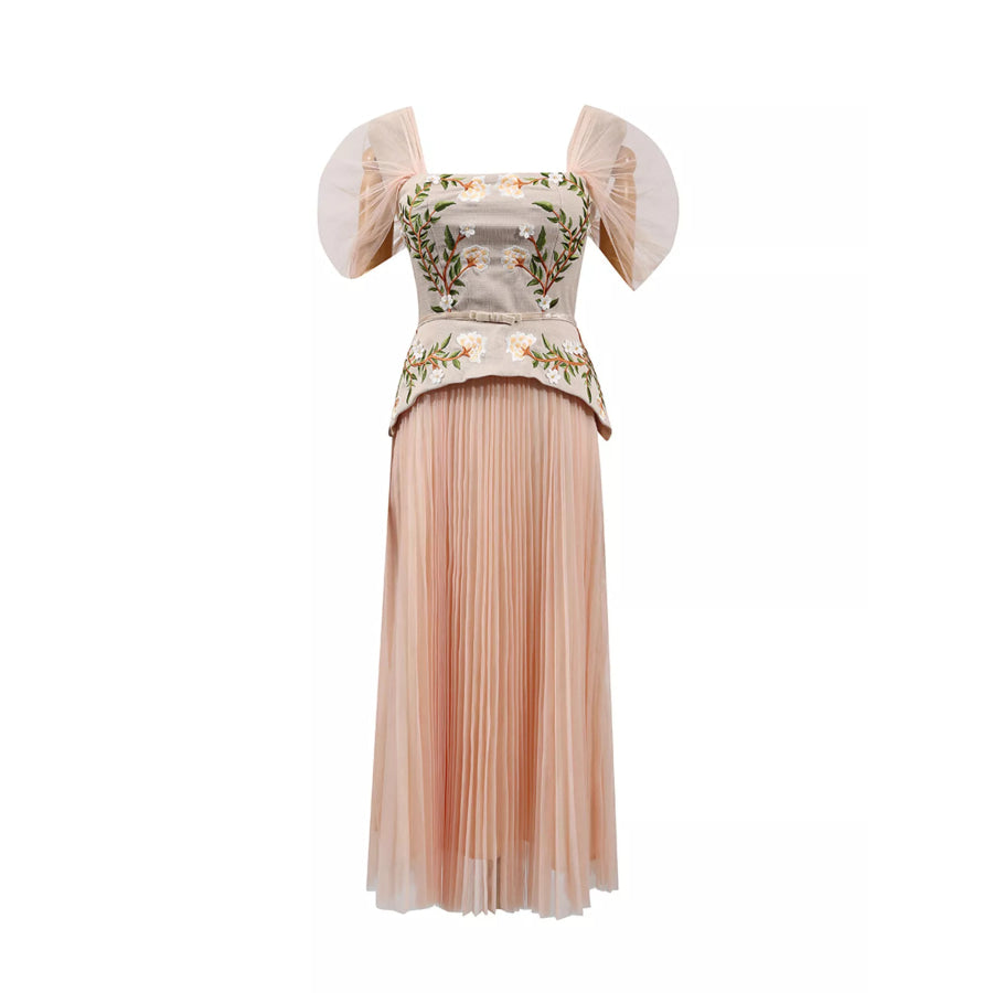 Embroidered Tulle Pleated Midi Dress Apparel and Accessories