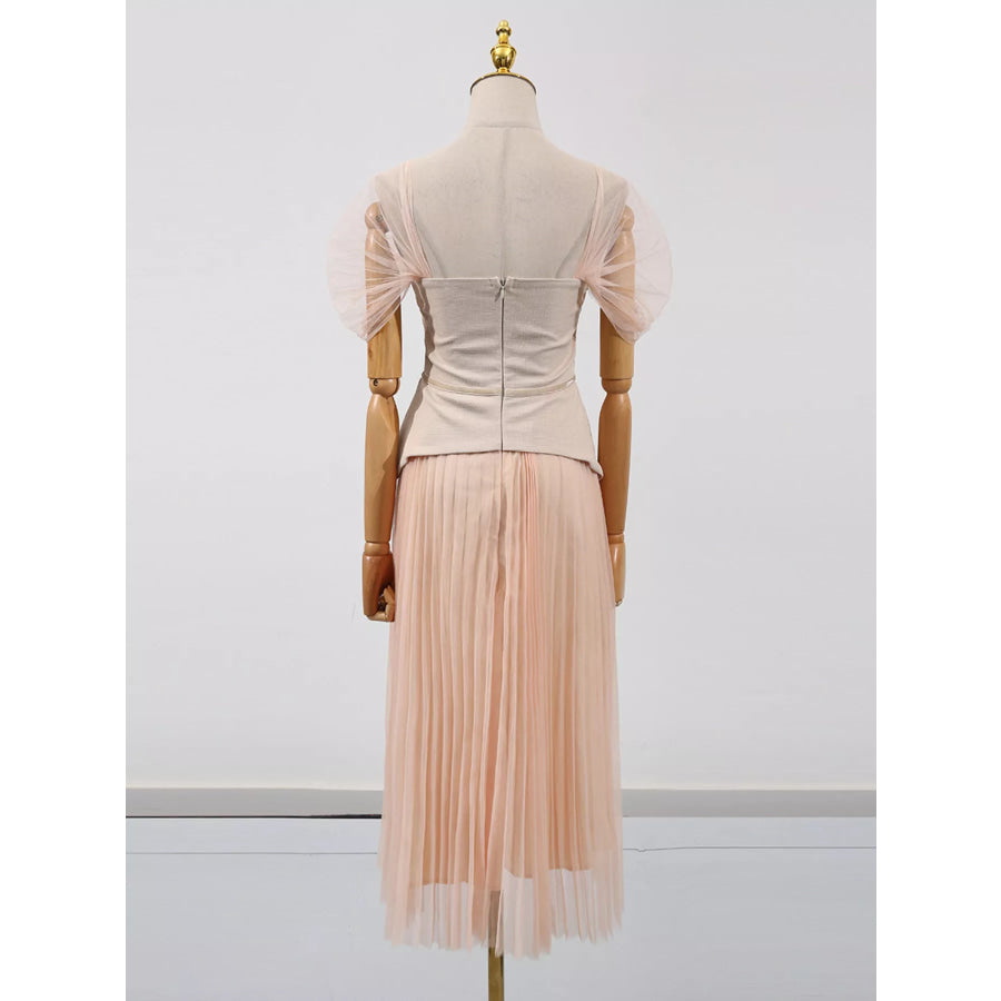 Embroidered Tulle Pleated Midi Dress Apparel and Accessories