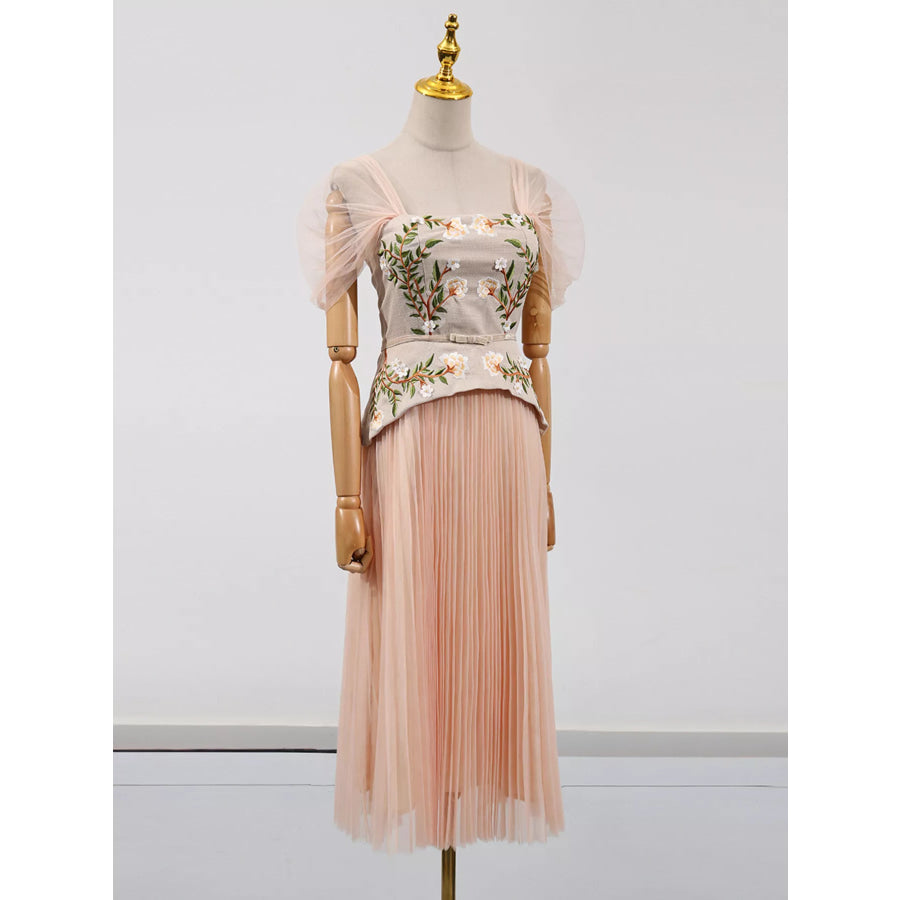 Embroidered Tulle Pleated Midi Dress Apparel and Accessories