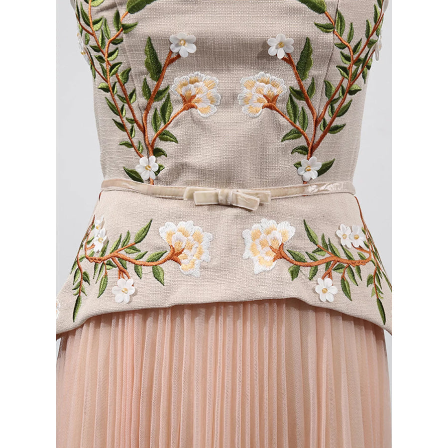 Embroidered Tulle Pleated Midi Dress Apparel and Accessories