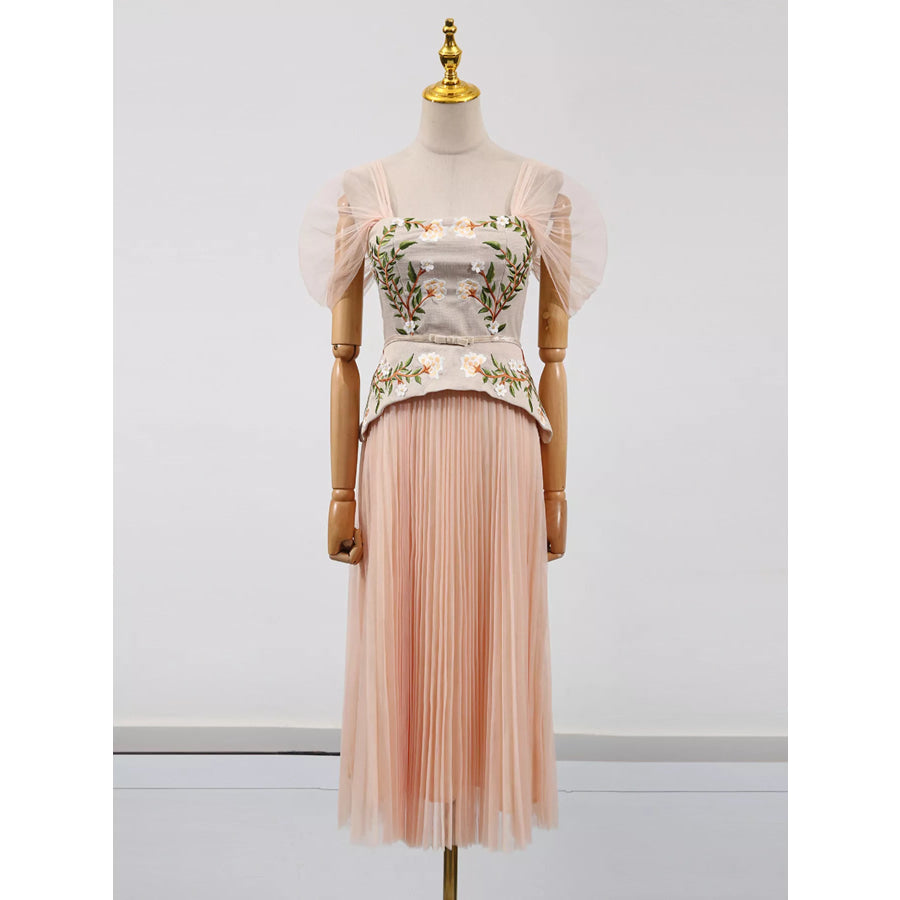 Embroidered Tulle Pleated Midi Dress Apricot / S Apparel and Accessories