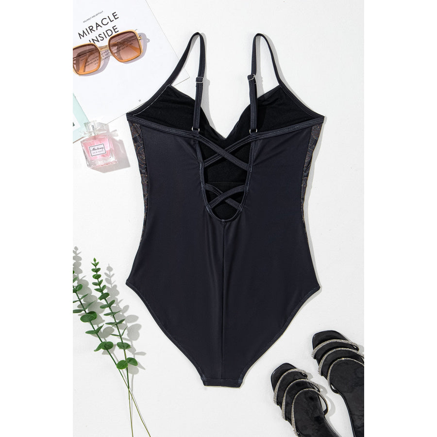 Embroidered V - Neck One - Piece Swimwear Apparel and Accessories