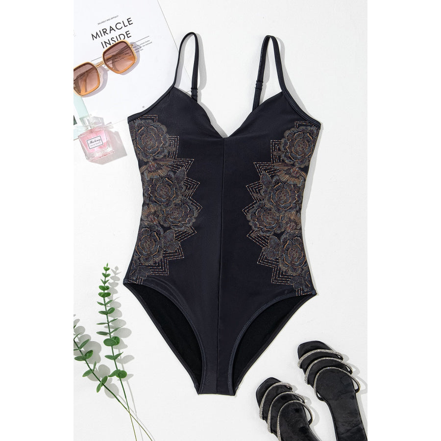 Embroidered V - Neck One - Piece Swimwear Black / S Apparel and Accessories