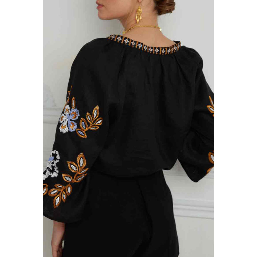 Embroidered V-Neck Three-Quarter Sleeve Blouse Apparel and Accessories