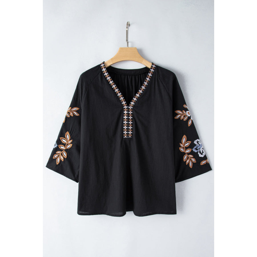 Embroidered V-Neck Three-Quarter Sleeve Blouse Apparel and Accessories