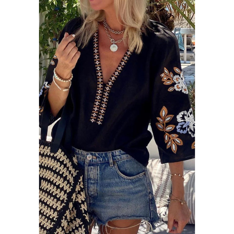 Embroidered V-Neck Three-Quarter Sleeve Blouse Apparel and Accessories