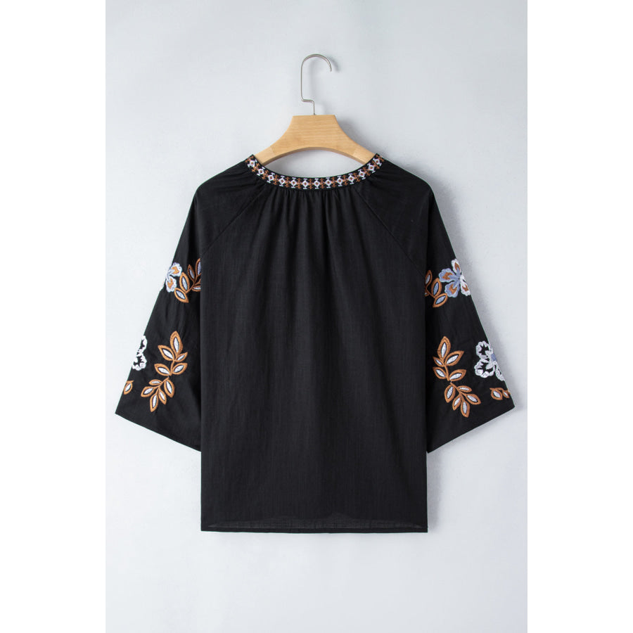 Embroidered V-Neck Three-Quarter Sleeve Blouse Apparel and Accessories