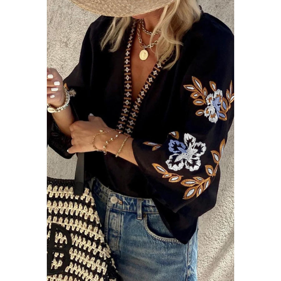 Embroidered V-Neck Three-Quarter Sleeve Blouse Black / S Apparel and Accessories