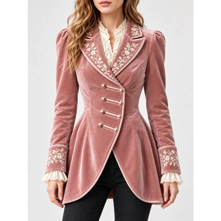 Embroidered Velvet Peplum Blazer Pink / S Apparel and Accessories