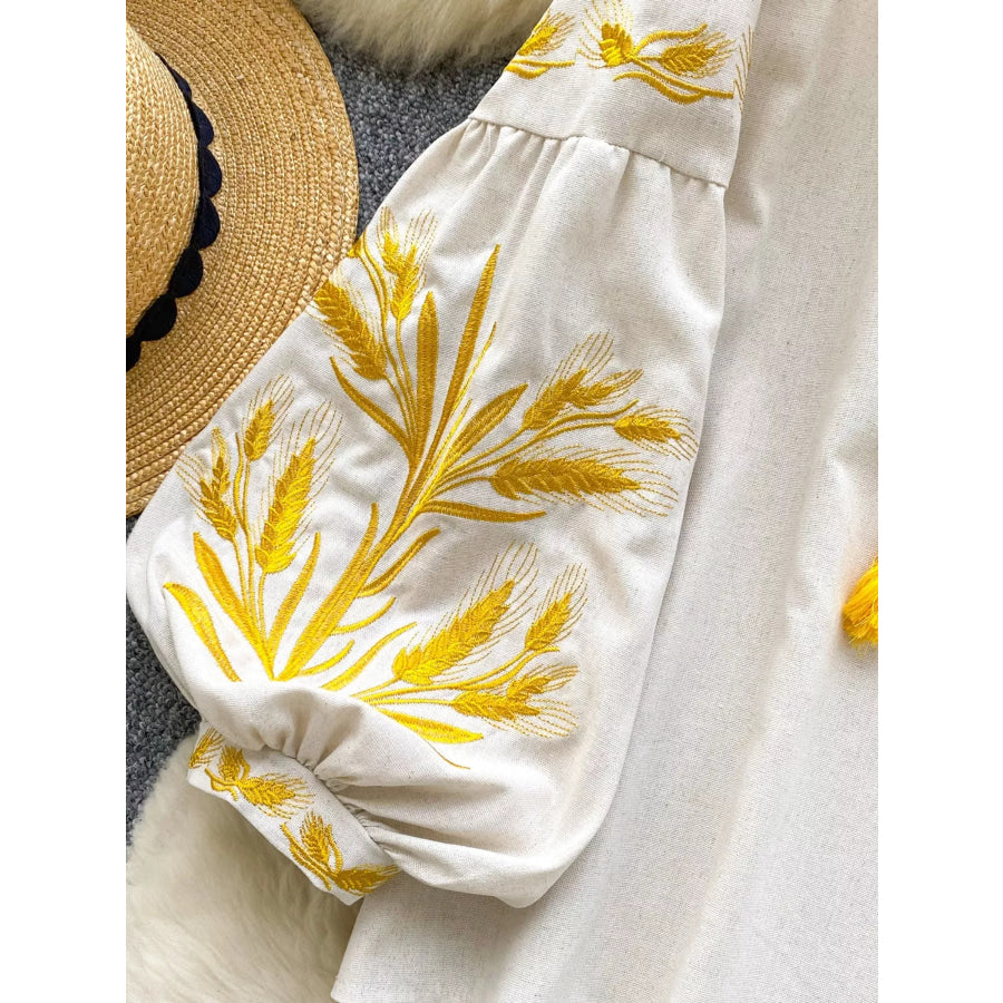 Embroidered Wheat Pattern Tie Neck Blouse Apparel and Accessories