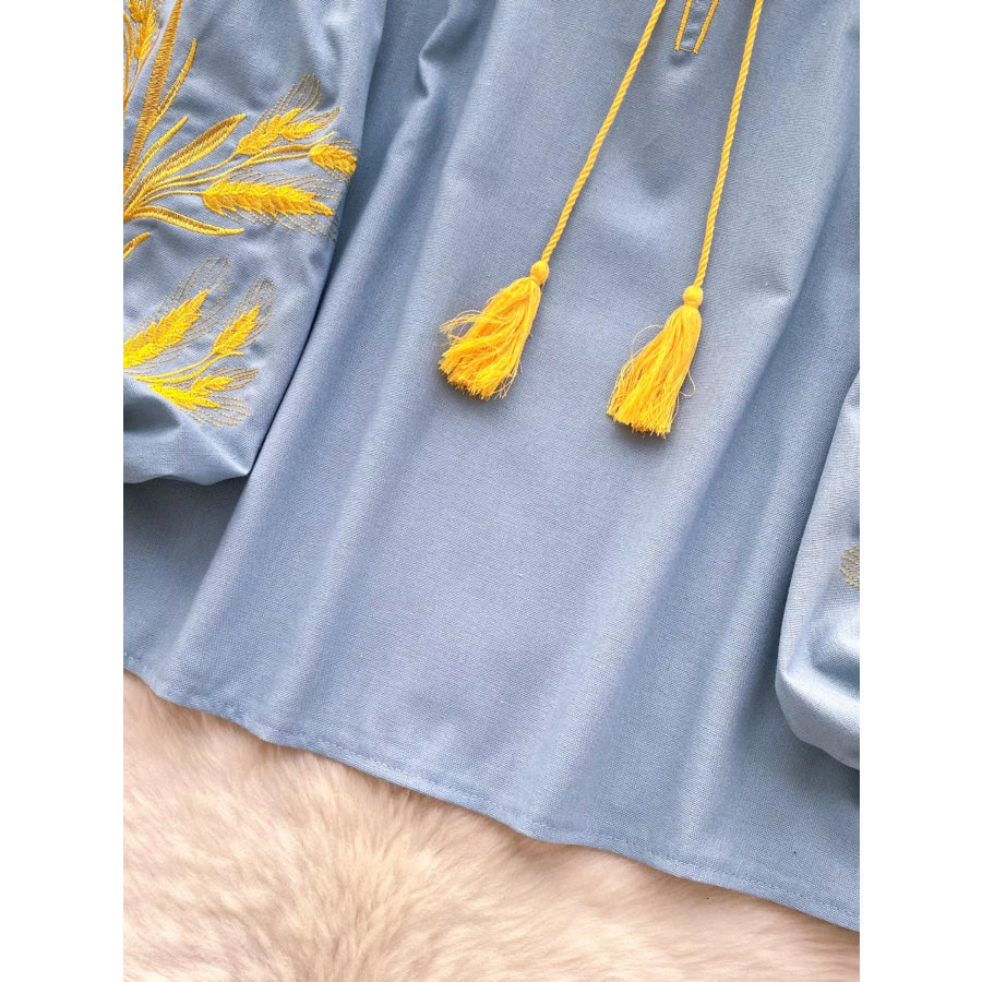 Embroidered Wheat Pattern Tie Neck Blouse Apparel and Accessories