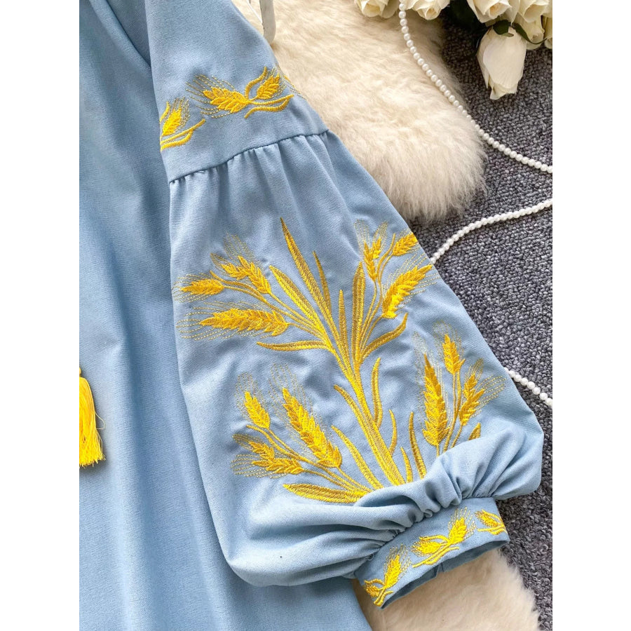 Embroidered Wheat Pattern Tie Neck Blouse Apparel and Accessories
