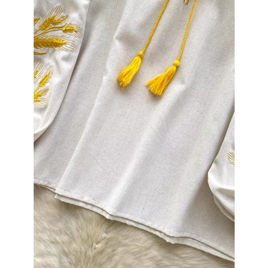 Embroidered Wheat Pattern Tie Neck Blouse Apparel and Accessories