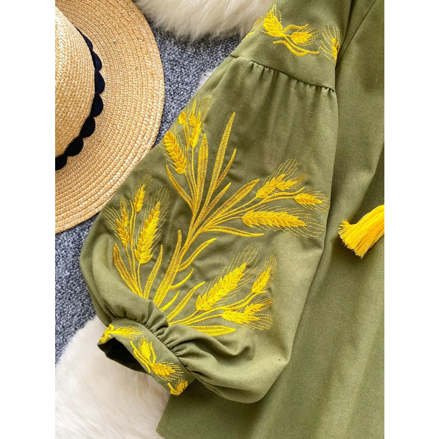 Embroidered Wheat Pattern Tie Neck Blouse Apparel and Accessories