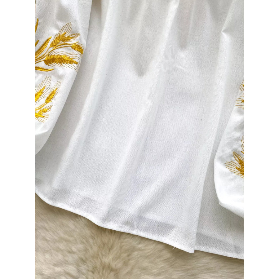 Embroidered Wheat Pattern Tie Neck Blouse Apparel and Accessories