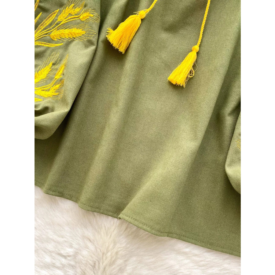 Embroidered Wheat Pattern Tie Neck Blouse Apparel and Accessories