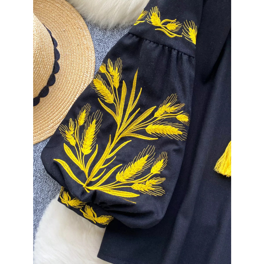 Embroidered Wheat Pattern Tie Neck Blouse Apparel and Accessories
