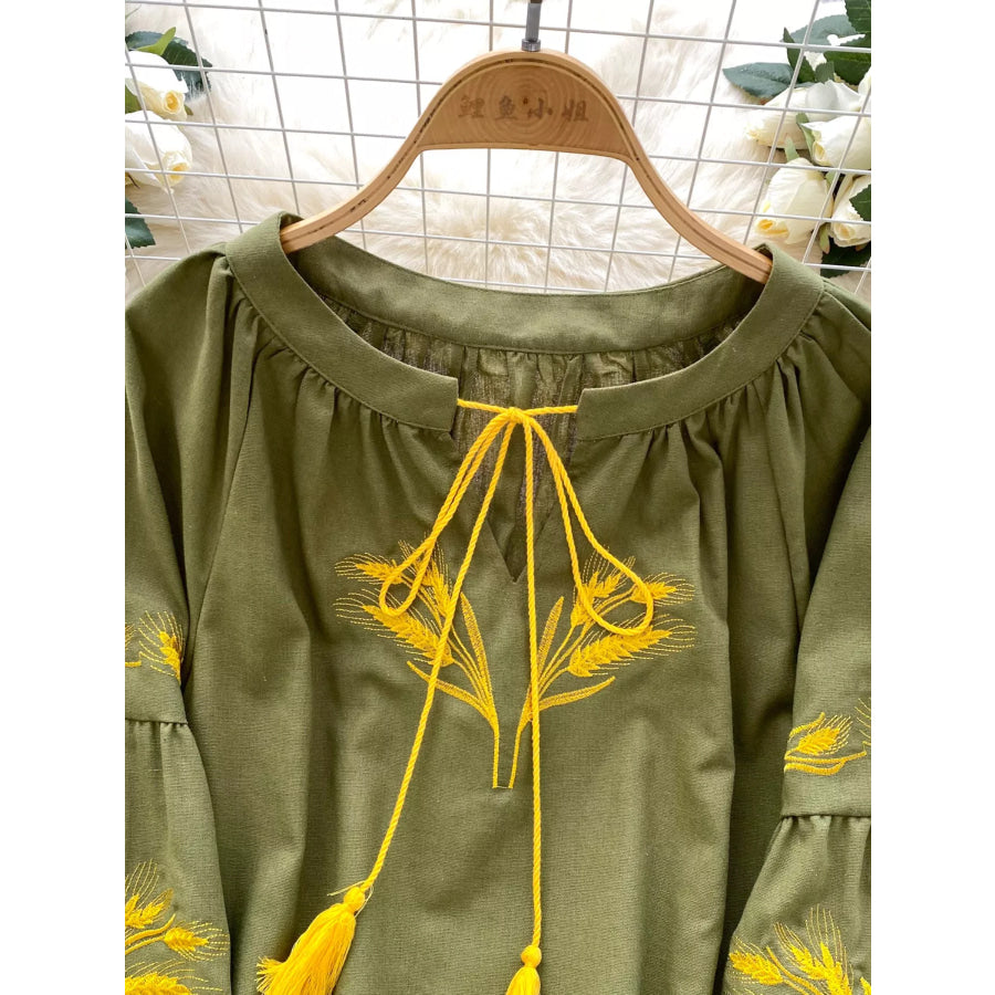Embroidered Wheat Pattern Tie Neck Blouse Apparel and Accessories