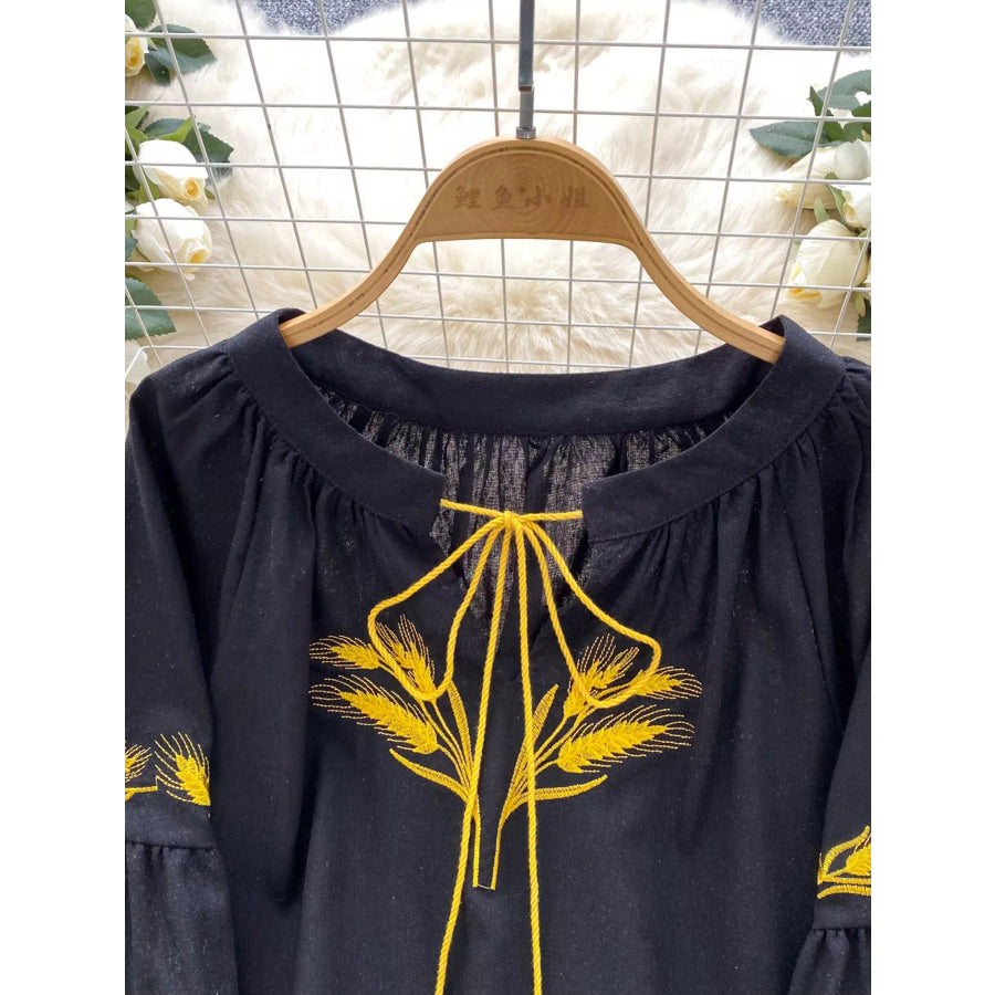 Embroidered Wheat Pattern Tie Neck Blouse Apparel and Accessories