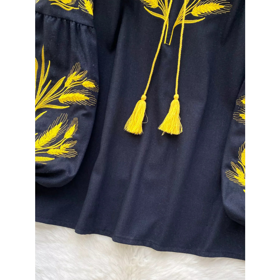 Embroidered Wheat Pattern Tie Neck Blouse Apparel and Accessories
