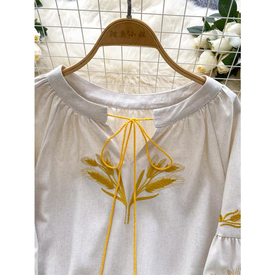 Embroidered Wheat Pattern Tie Neck Blouse Apparel and Accessories