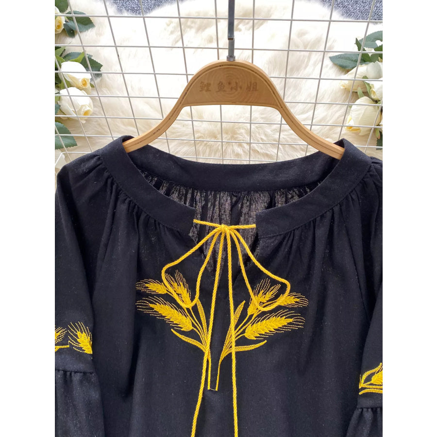 Embroidered Wheat Pattern Tie Neck Blouse Apparel and Accessories