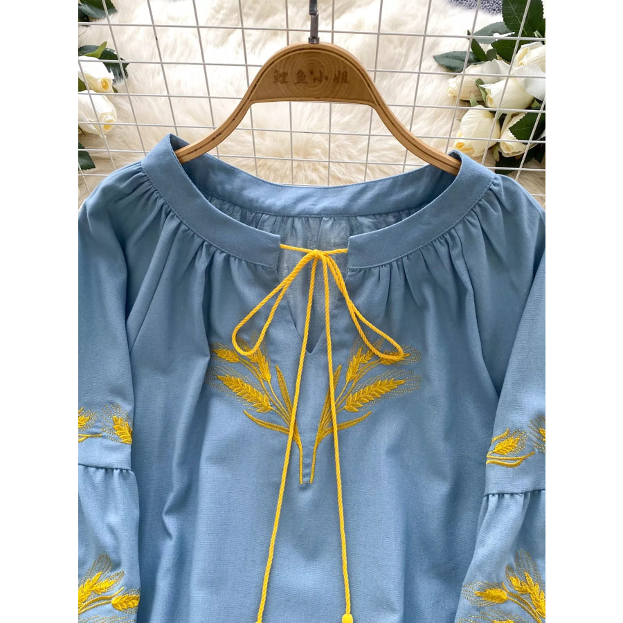 Embroidered Wheat Pattern Tie Neck Blouse Apparel and Accessories
