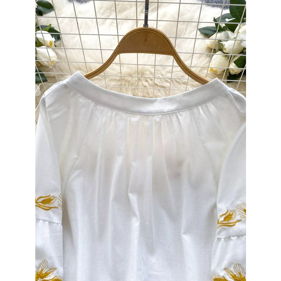 Embroidered Wheat Pattern Tie Neck Blouse Apparel and Accessories