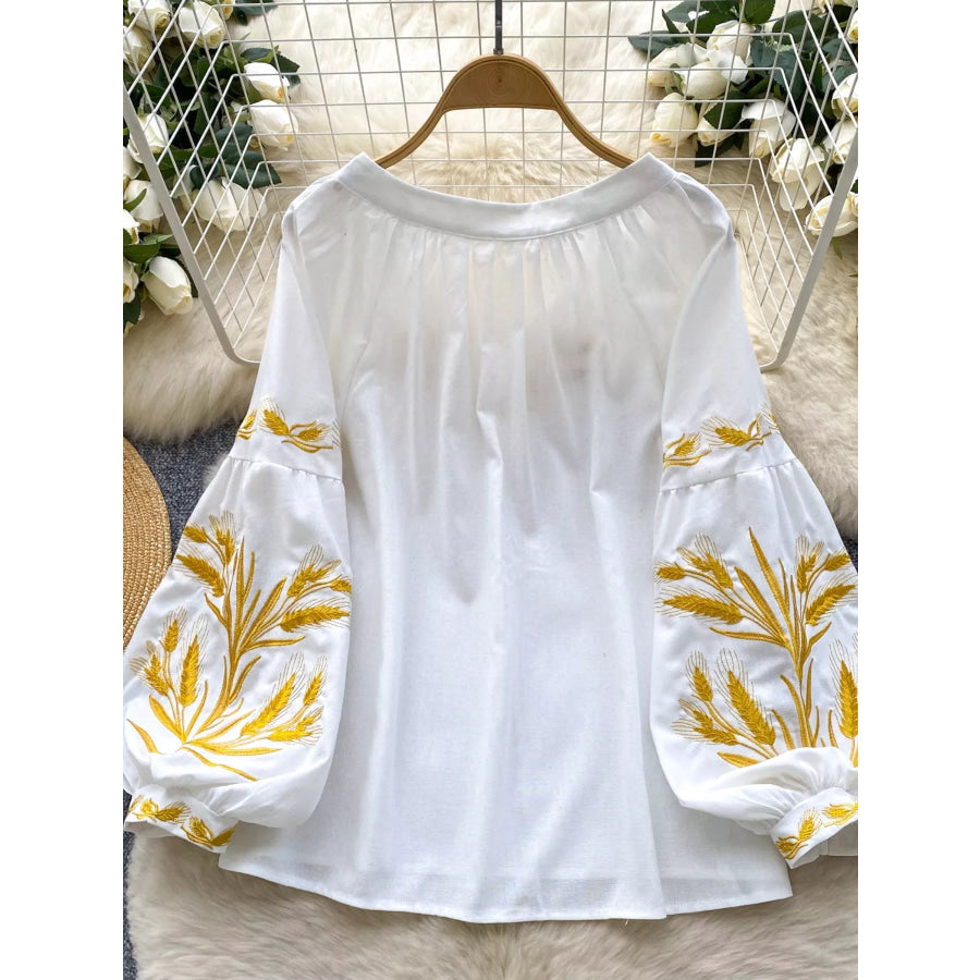 Embroidered Wheat Pattern Tie Neck Blouse Apparel and Accessories