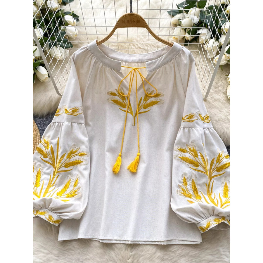 Embroidered Wheat Pattern Tie Neck Blouse Apricot / One Size Apparel and Accessories