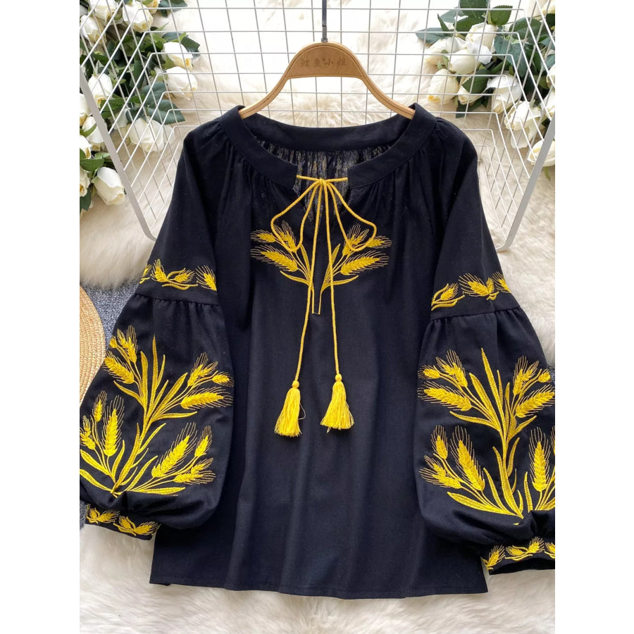Embroidered Wheat Pattern Tie Neck Blouse Black / One Size Apparel and Accessories