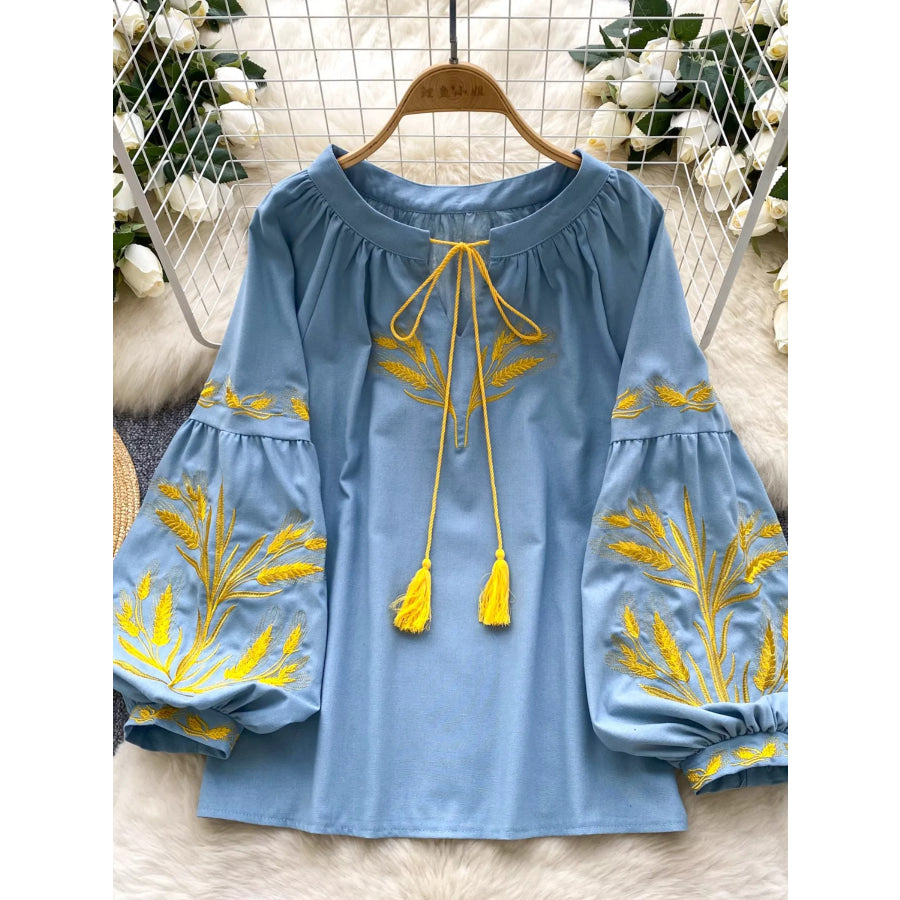 Embroidered Wheat Pattern Tie Neck Blouse Blue / One Size Apparel and Accessories